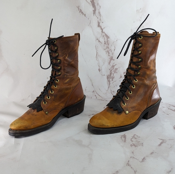 Vintage Work Boots Mens 9 9.5 Brown Kiltie Packer Leather Western J Chisholm - Picture 1 of 16